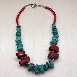 Vintage artisan chunky bead statement necklace sterling 925 turquoise  and coral